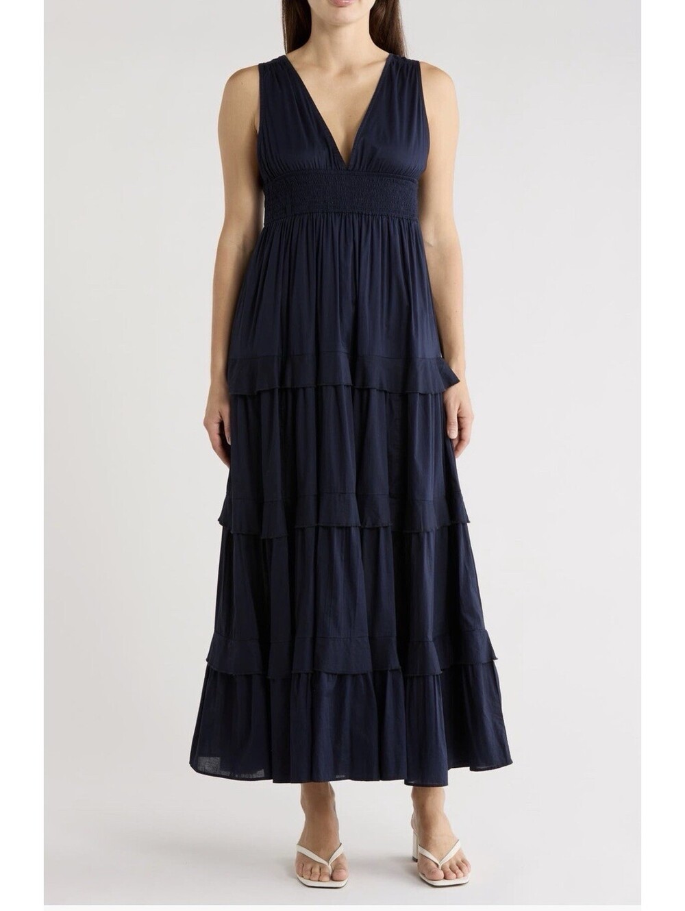 New Chelsea28 Navy Tiered Maxi Cotton Dress Size M